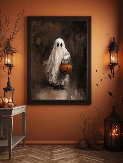 1pc Canvas Wall Art Decor, Framed Wall Art, Vintage Trick Or Treat Ghost Pumpkin Bucket Canvas Wall Decor, Atmospheric Deep Brown Background Oil Painting Print, Pastoral Halloween Eerie Vibe Unframed Wall Art, Suitable For Modern Home Decor, Room Decor, Dorm Decor