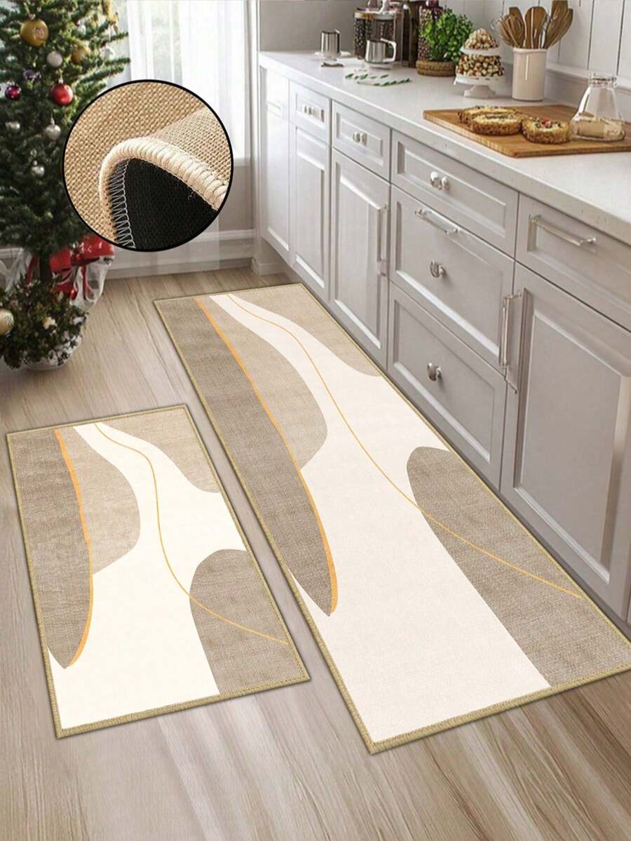 1pc Light Beige Striped Rubber Mat, Absorbent And Easy To Clean, Suitable For Kitchen, Bathroom And Other Areas, Suitable For All Year Round, Suitable For Various Holidays - Multicolor - View 1