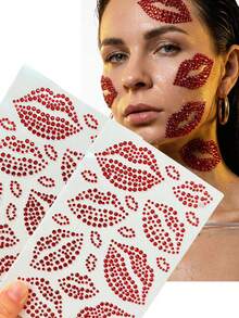 2pcs 3D Sexy Red Lip Rhinestone Face Stickers, Shiny Crystal Kiss Lip Face Jewels Gems, Temporary Face Rhinestone Stickers, For Makeup, Eyes, Hair, Body Decoration - Red - View 2