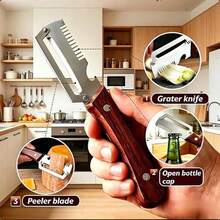 1/2pcs Wooden Handle Multi-Function Peeler, Onion Slicer With Bottle Opener, Onion And Chive Cutter, Sugarcane And Cucumber Peeler, Fruit And Vegetable Peeling Tool - Multicolor - View 8