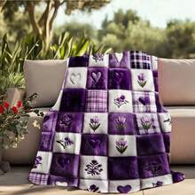 Autumn/Winter Flannel Heart & Floral Patchwork Blanket, Soft Skin-Friendly Double-Sided Flannel Throw, All-Season Use For Bedroom, Living Room, Sofa, Office Nap, Romantic Purple Heart Embroidery + Floral Print Patchwork Design, Gentle Healing Atmosphere, Fine Plush Lock-In Warmth, Non-Irritating, Suitable For Home Leisure/Office Break/Travel, Women's Day Gift - Multicolor - View 2