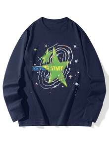 Women's Spring Autumn Loose Fit Versatile Cartoon Y2K Japanese Style Universe Star Print Round Neck Casual Long Sleeve T-Shirt - Dark Blue - View 4