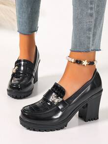 Sweet Cool Style Rhinestone Silver Butterfly Decor Chunky Heel Loafers, Shiny Leather Crocodile Embossed Platform Thick Sole Shoes, Black Versatile Student Commute Chunky High Heels For Women - Black - View 1