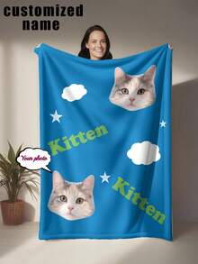 1pc Personalized Animal Theme Blanket, Cute Healing Cartoon Style, Low Saturation Royal Blue Background With Cloud And Other Simple Decorations, Soft And Fresh - Made Of Knitted Flannel Fabric With Digital Printing Technology, Comfortable For All Seasons, Soft And Warm Flannel, Versatile Use For Sofa, Bed, Travel, Camping, Office - Easy To Care For, Perfect For Napping, Camping And Travel - Multicolor - View 13