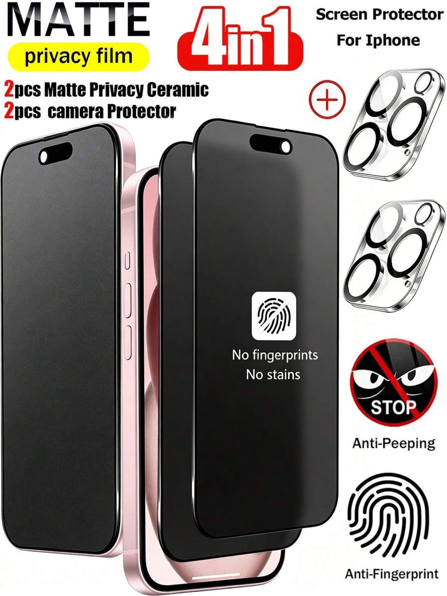 2pcs Matte Privacy Screen Protector, Includes 2pcs Camera Lens Protector, High-Definition Transparent Camera Lens Cover, Compatible With IPhone 17 Pro Max [6.9 Inch] | Made Of TPU Soft Film (Not Tempered Glass Ceramic Film), Shatterproof And Anti-Collision | Privacy Function Ensures Screen Content Is Only Visible From The Front - Black - View 1