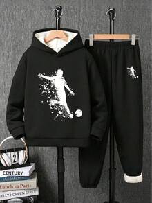 Youth Boy Cartoon Print Warm Hoodie And Sweatpants Set - Black - View 1