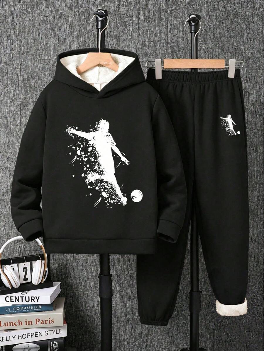 Youth Boy Cartoon Print Warm Hoodie And Sweatpants Set - Black - View 1