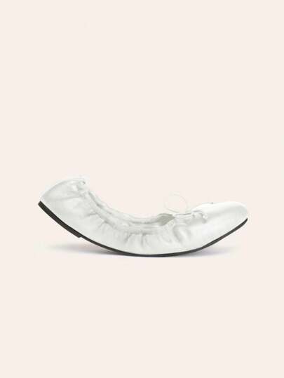 Zapatos planos tipo slip-on con lazo blanco para mujer, punta redonda, plegables, ligeros, suela blanda, zapatos de ballet, para ir al trabajo & vacaciones