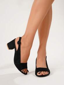Minimalist Chunky Heeled Suedette Slingback Sandals, Black Elegant Solid Color Open Heel Shoes,Spring Summer Outfits - Black - View 6