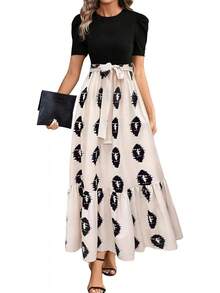 Vestidos Casuales para Mujer Verano Largo Mangas Abullonadas con Cordón Estampados Únicos para Cita Vacaciones - Caqui - Ver 8