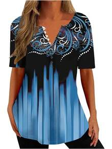 Ceboyel - Camisas Henley con estampado floral para mujer, cuello en V, sexy, casual, de manga corta, blusas elegantes para mujer - N04-gris - Ver 20