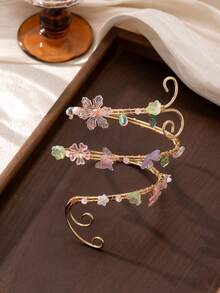 1件波希米亞風海灘花卉手臂飾品，可調節金色手臂配件，附粉色花朵與綠葉吊墜，夏季度假女性手臂珠寶 - 金黃色 - 查看 4