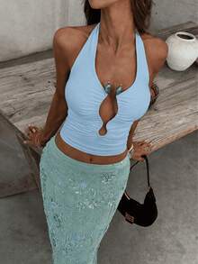 VIVINA Women's Summer Fashion: Minimalist Solid Color Hollow Design. Sexy Fitted Turtleneck Top. Women's Summer Clothing, Women's Beachwear, Women's Going Out Tops, Women's Vacation Wear, Women's Casual Tops, Blue Top. - Blue - View 8