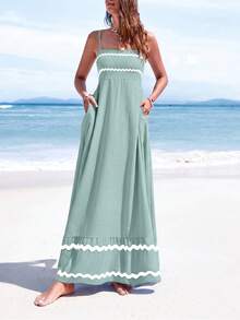 PRETTYGARDEN Women's Summer Flowy Maxi Dress Vestidos Casual Sleeveless Strap Ruffle Wedding Guest Graduation Beach Party Travel Vacation Long White Dresses - 豆綠色 - 查看 4