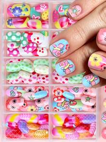 10 Grids 120Pcs Short Square Kids Nail Salon Fake Nails For Girls Cute Butterfly Flower False Nail Kawaii Cartoon Full Cover Manicure Nail Tips Chlidren Christmas Birthday Gift - Multicolor - View 2