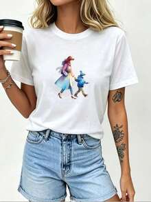 Playera Oversize con Diseño de Madre E Hijo Cuello Redondo Básica Streetwear Casual Estilo Japonés Kawaii Urbano  Verano Alternati Cuello Redondo Algodón 100% Tejido Suave Manga Corta - Blanco - Ver 1