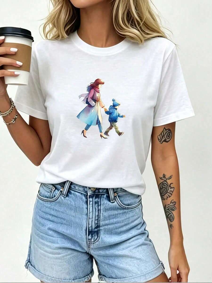 Playera Oversize con Diseño de Madre E Hijo Cuello Redondo Básica Streetwear Casual Estilo Japonés Kawaii Urbano  Verano Alternati Cuello Redondo Algodón 100% Tejido Suave Manga Corta - Blanco - Ver 1