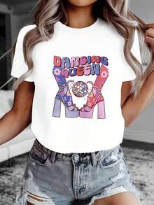 Vibra de reina del baile personalizada, celebración disco, camiseta de manga corta con cuello redondo para mujer, estampada con diseño floral vintage , para primavera-verano - C - Blanco - Ver 1