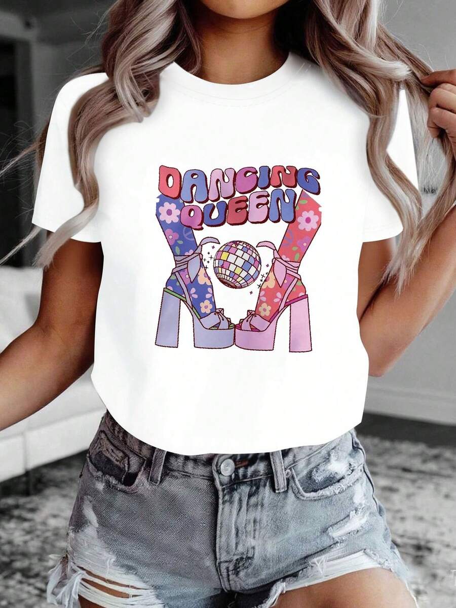 Vibra de reina del baile personalizada, celebración disco, camiseta de manga corta con cuello redondo para mujer, estampada con diseño floral vintage , para primavera-verano - C - Blanco - Ver 1