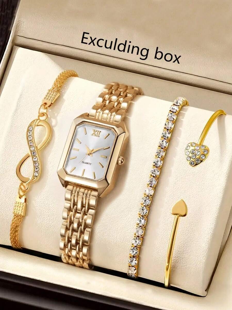 4pcs Elegant Luxury Women's Quartz Watch Set, Including Square Dial Women's Quartz Watch And Full Rhinestone Bracelet Accessory Set - Gold - View 1