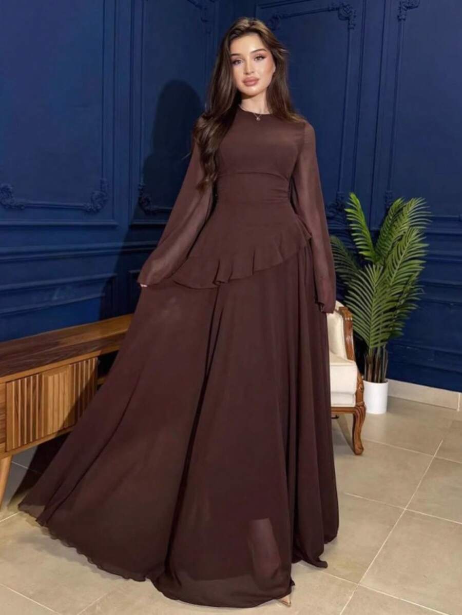 Vestidos elegantes para fiesta casuales para mujer estilo puro sensual cuello redondo manga larga ajustado sofisticado nuevo europeo - Caqui - Ver 1