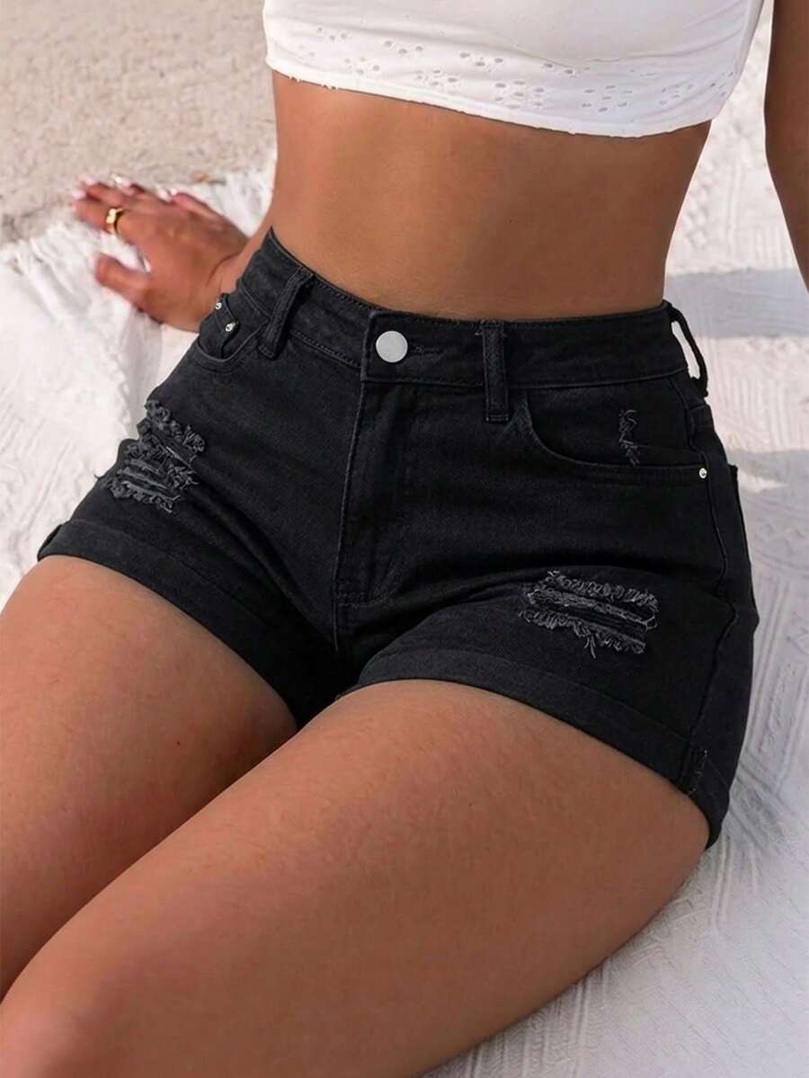 Denim Girl 夏季彈性牛仔短褲,音樂節時尚性感修身破洞海灘短褲,毛邊下擺黑色休閒款 - 黑色 - 查看 1