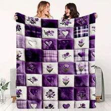 Autumn/Winter Flannel Heart & Floral Patchwork Blanket, Soft Skin-Friendly Double-Sided Flannel Throw, All-Season Use For Bedroom, Living Room, Sofa, Office Nap, Romantic Purple Heart Embroidery + Floral Print Patchwork Design, Gentle Healing Atmosphere, Fine Plush Lock-In Warmth, Non-Irritating, Suitable For Home Leisure/Office Break/Travel, Women's Day Gift - Multicolor - View 1