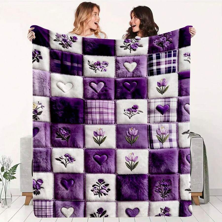 Autumn/Winter Flannel Heart & Floral Patchwork Blanket, Soft Skin-Friendly Double-Sided Flannel Throw, All-Season Use For Bedroom, Living Room, Sofa, Office Nap, Romantic Purple Heart Embroidery + Floral Print Patchwork Design, Gentle Healing Atmosphere, Fine Plush Lock-In Warmth, Non-Irritating, Suitable For Home Leisure/Office Break/Travel, Women's Day Gift - Multicolor - View 1