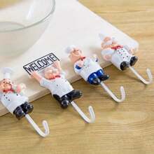 Cartoon 3D Chef Adhesive Hook, No-Drill Strong Wall Mount Hook, Creative Retro Resin Decorative Hook, Universal For Kitchen, Bathroom, Door, Wall, Storage For Cookware, Towels, Keys, Western Restaurant Home Fun Wall Organizer Small Hook - Multicolor - View 7