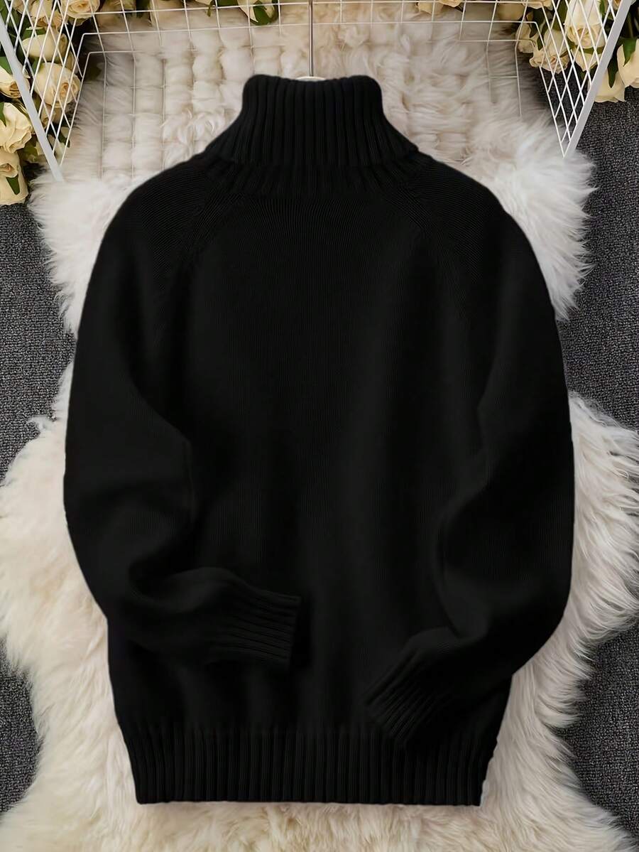 Autumn/Winter Thick Chunky Knit Long Sleeve Pullover Sweater, Loose Drop Shoulder Cut, Soft And Cozy, Daily Wear Layering Top - Black - View 1