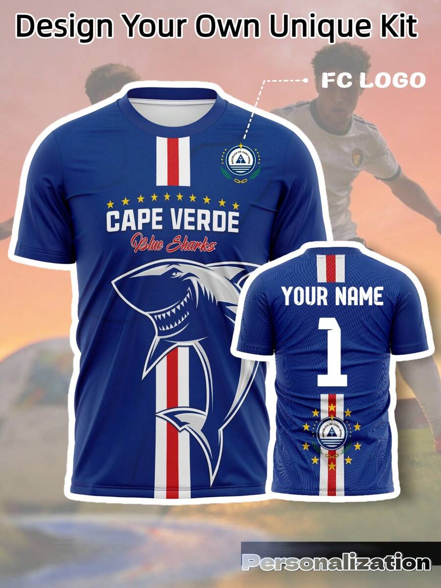 1pc Custom Cape Blue Shark Theme Football Short Sleeve Jersey, Back Name, Creating Your Own Exclusive Fan Commemorative Jersey. Summer, For Men Sports - Blue - View 1