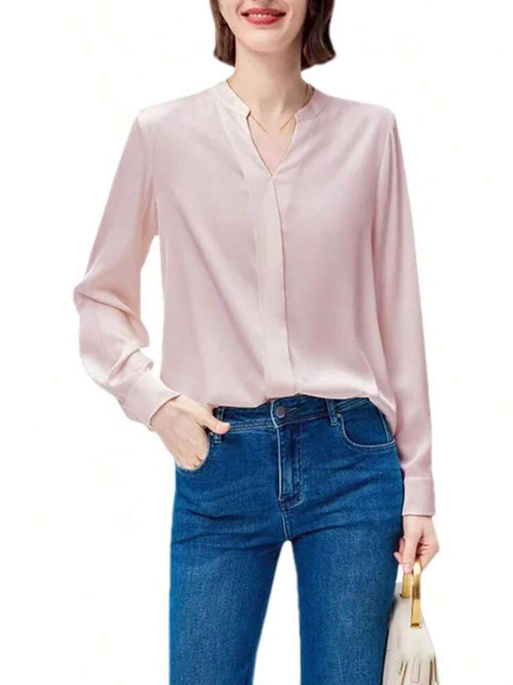 Blusa de manga larga para mujer formal de seda con cuello en V y botones brillantes - Gris oscuro9 - Añade 9