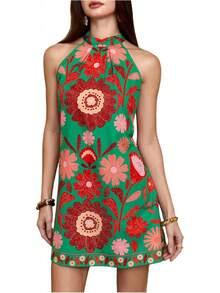 - Vestido corto sin mangas con estampado floral para mujer, cuello halter, línea A - Negro - - Ver 28