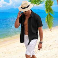Camisas De Manga Corta con Botones para Hombre,Hombre Camisa Casual Manga Corta con Botones Ocultos,Adecuada para Playa,Trabajo,Cita. - Negro - Ver 7