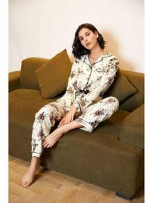 Conjunto de Pijama para Mujer con Cuello Recortado, Estampado Floral, Camisa con Botones y Pantalones Largos, Algodón, 2 Piezas, Ropa de Dormir - Negro - Ver 8
