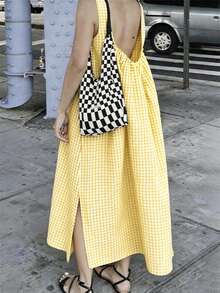 Nouvelle robe longue décontractée d'été pour femmes, robe de mode à carreaux contrastés noir et blanc pour femmes, tenue d'été simple et polyvalente vintage pour femmes, fête - Jaune citron - Voir 1