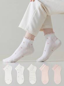 ZUJO 5 Pairs Women's Pink & White Short Socks, Floral & Striped Pattern, Suitable For Year-Round Wear, Simple & Comfortable, Random Color - Multicolor - View 3