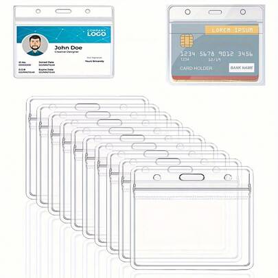 10pcs Set ID Card Holder, Card Holder, Transparent Horizontal, ID Card Holder, ID Card Protector, School, Office (Card Holder + Clip)