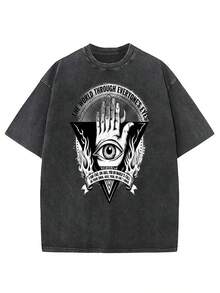 Camiseta de estilo vintage, gris oscuro, de manga corta, cuello redondo, diseño gótico con patrón de manos y ojos, ultra suave, imprescindible para el uso casual de verano, regalo perfecto p - Negro - Ver 1