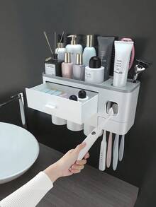 Bathroom Toothbrush Holder 2/3/4 Cup Wall-Mounted With Toothpaste Squeezer, Large Capacity Bathroom Storage Organizer, Easy Installation And Use, Fashionable Bathroom Accessory Set, Bathroom Decor - Grey - View 4
