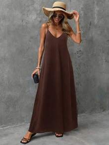 Women's Long Dress 2026, V-Neck, Sleeveless, Solid Color, Simple, Casual And Elegant. - Brown - View 3