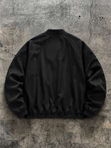 American Retro Minimalist Men's Full Zip Ribbed Cuff Aviator Jacket, Black And White Contrast Color Mountain Logo Detail Flight Jacket - Black - View 4