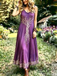 Plus Size Women's Loose Fit Sleeveless V-Neck Dress, Creative Floral Totem Print, Versatile For Spring/Summer Elegant - Purple - View 4
