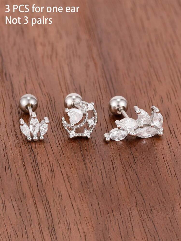 Set 3 Buah Anting Tindik Tragus dan Helix Stainless Steel untuk Wanita, Anting Tindik Telinga Bentuk Kelopak Hati, Perhiasan Fashion - 7 Perak - 3 Buah - View 4