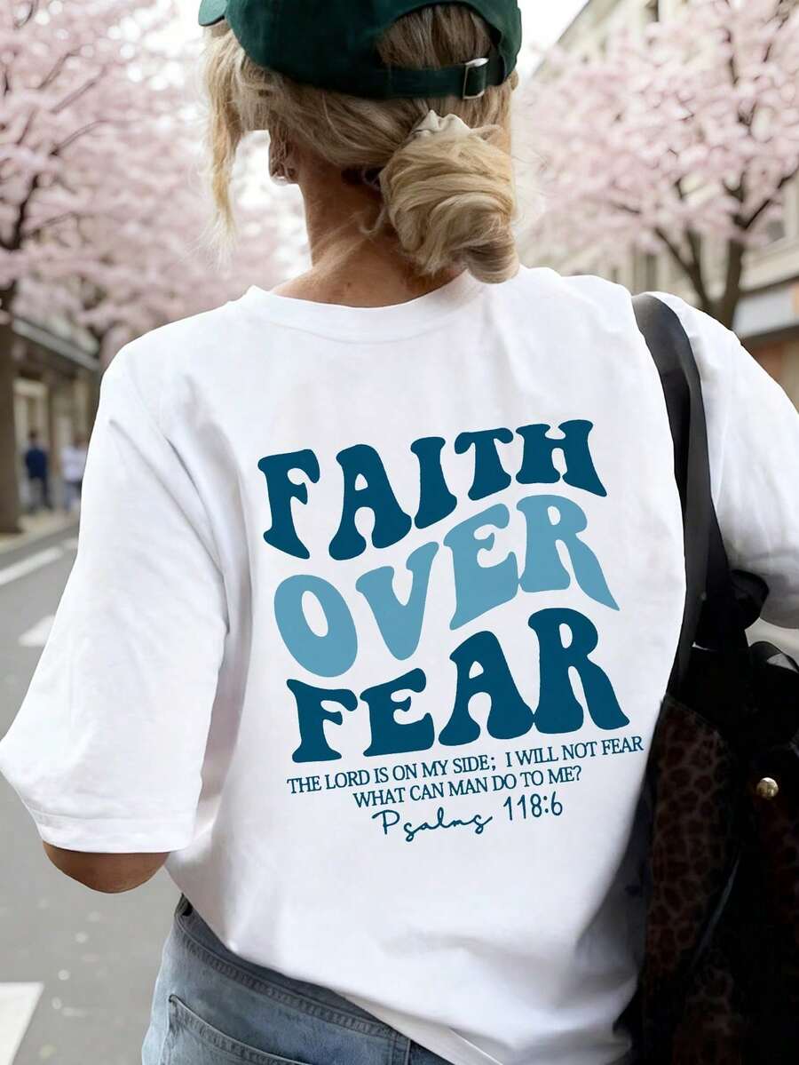NewSummerCasual Short-Sleeve Crew Neck T-Shirt With "Belief Overcomes Fear" Print, Casual Resort Style, Everyday Essential. Women's Graphic Tee, White Blouse - 白色 3 - 查看 1