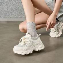 35-40 Size Rhinestone Decorated Mesh Thick Sole Solid Color Sports Lace-Up Commuter Chunky Sneakers Outdoor All Season Rhinestone Height Increasing - White - View 1