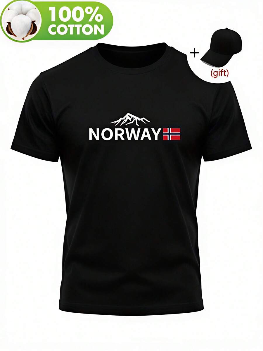 E & Stampa Bandiera – 100% Cotone, Vestibilità Slim, Camicia a Maniche Lunghe con Emblema Norvegese, Design Casual a Girocollo con Motivo Topografico per Attività all'Aperto Primavera/Autunno & Eventi Ispirati alla Norvegia - nero - Visualizzare 1