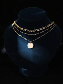 1pc Fashion Textured Multi-Layer Stacked Round Pendant Necklace For Women, Minimalist Commuter Versatile Neck Accessory Suitable For Daily, Holiday, Vacation, Party And Gathering Wear, Gift Accessory - Yellow Gold - View 3