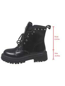 Sepatu Bot Wanita Motif Tengkorak Gaya Gelap, Sol Tebal, Sepatu Bot Motor Punk Bertali Keling untuk Menambah Tinggi Badan, Setengah Betis - Hitam - View 5