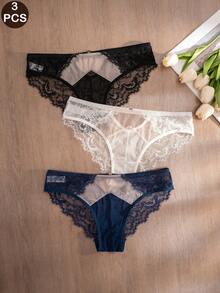 Mystèrelle 3pcs/Pack Women's Lace Patchwork Comfortable Triangle Panties - Multicolor - View 3